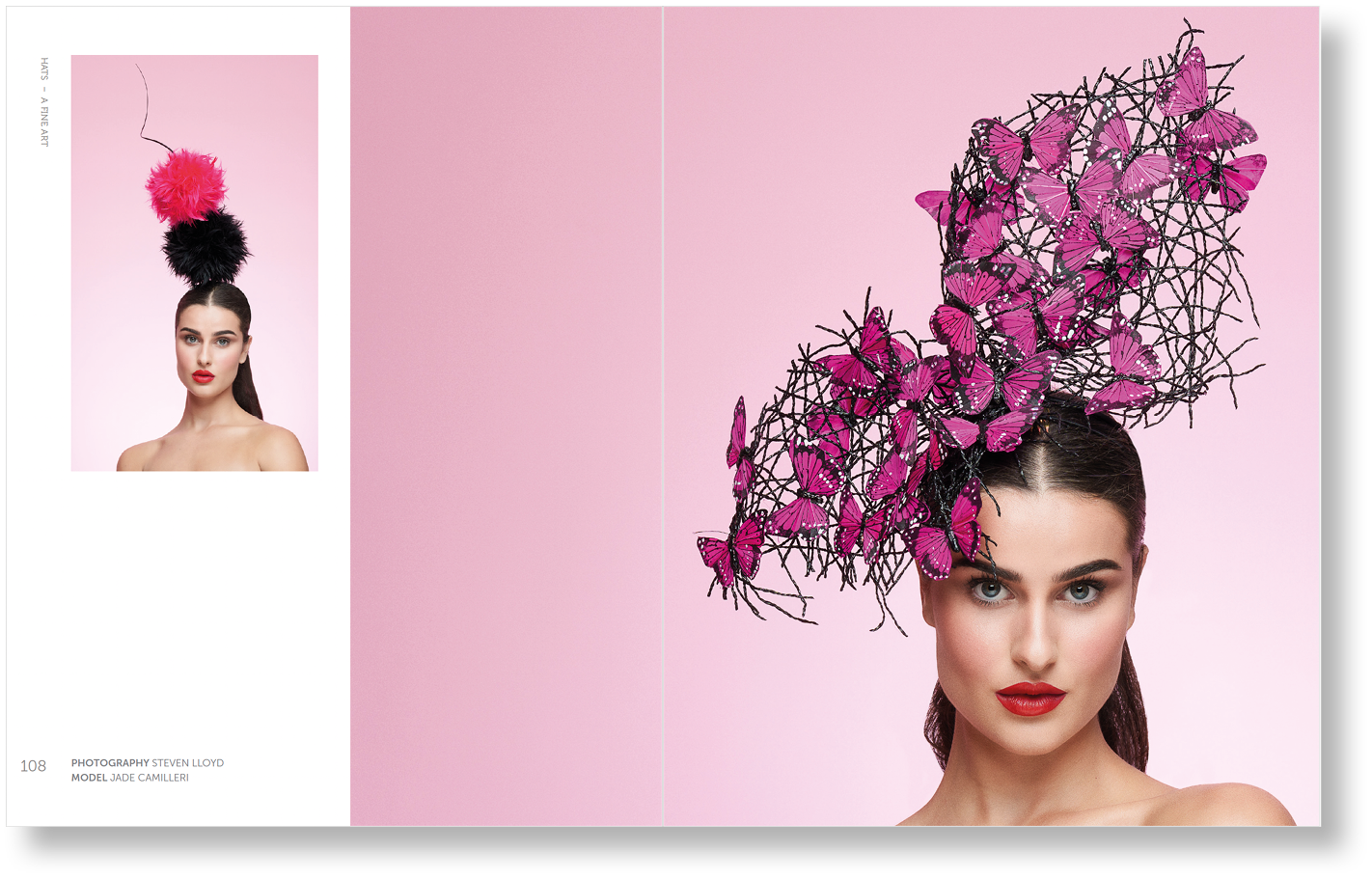 Woman wearing a headpiece with pink butterflies against a pink background