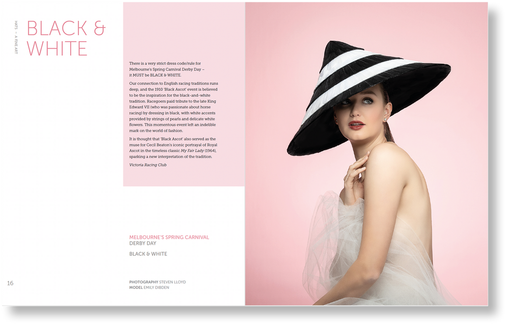 Woman wearing a black and white striped hat against a pink background