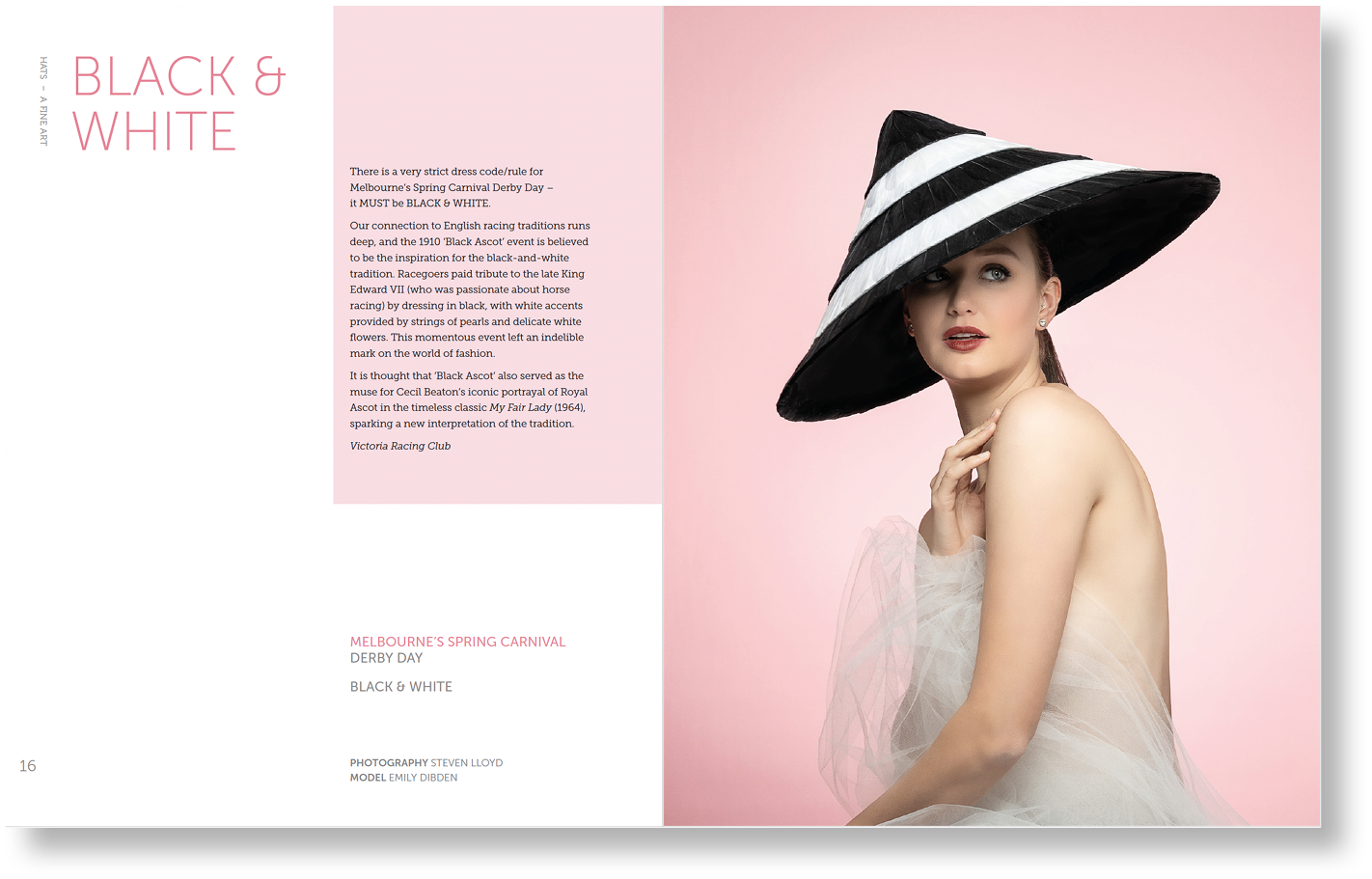 Woman wearing a black and white striped hat against a pink background