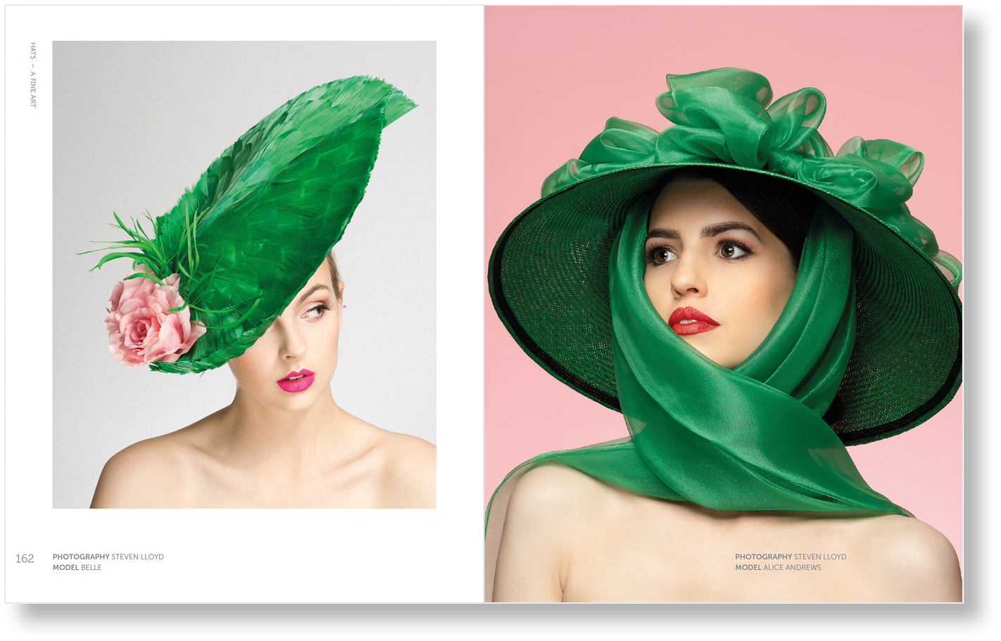 Two images of a woman wearing a green hat with a pink background and gray background.