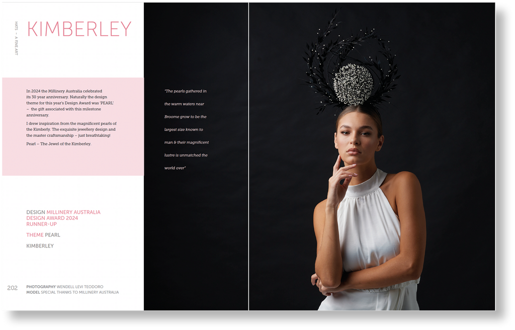 Woman wearing a large, ornate headpiece against a black background with text on the left.