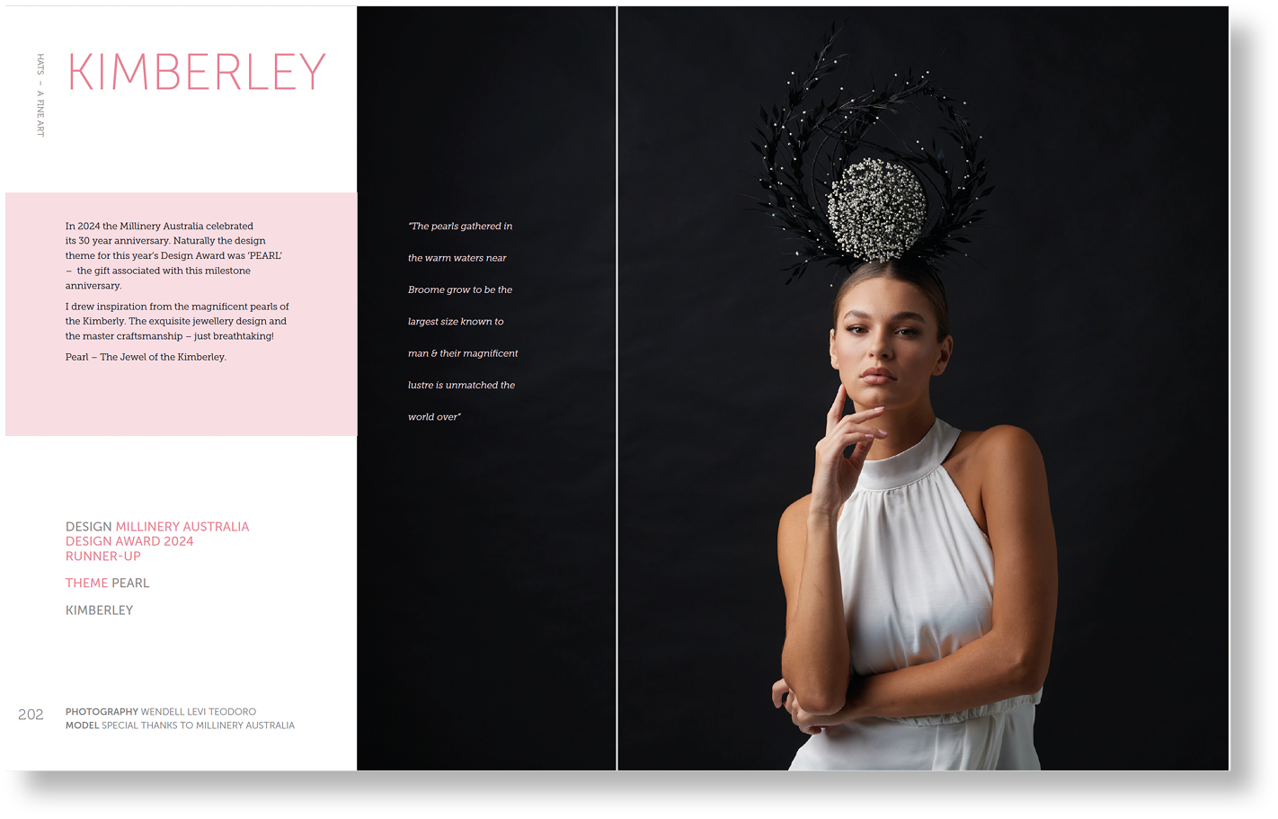 Woman wearing a large, ornate headpiece against a black background with text on the left.